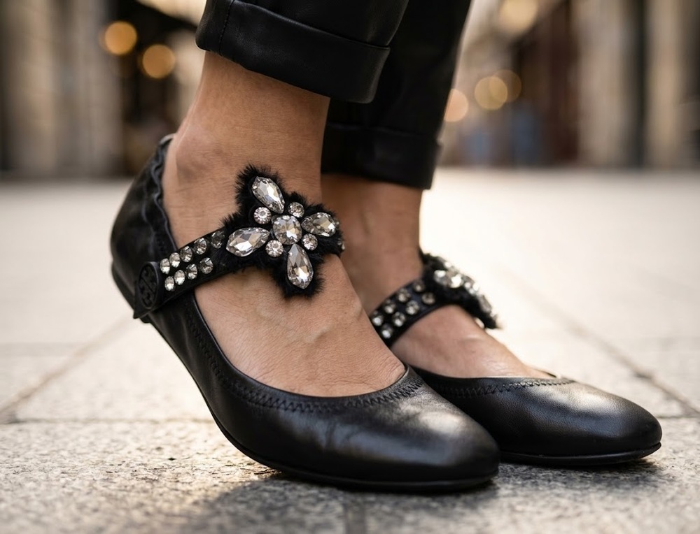 Tory Burch Black Leather Crystal Convertible Mary Jane Ballet Flats Size 8 EUC